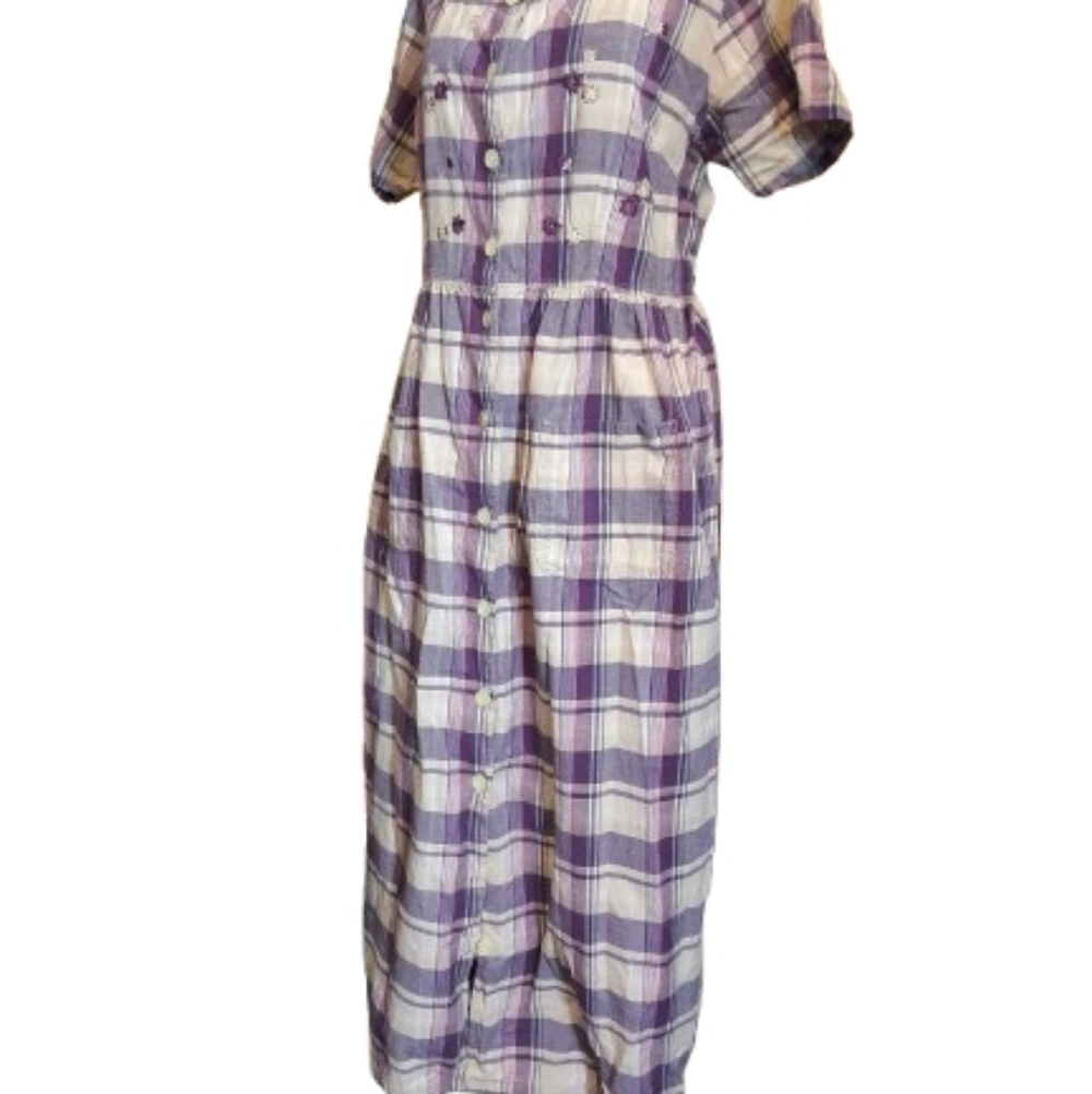 Vintage Y2K Purple Plaid Prairie Dress Cottagecore Button Front Midi Cotton Sz L - Picture 3 of 9